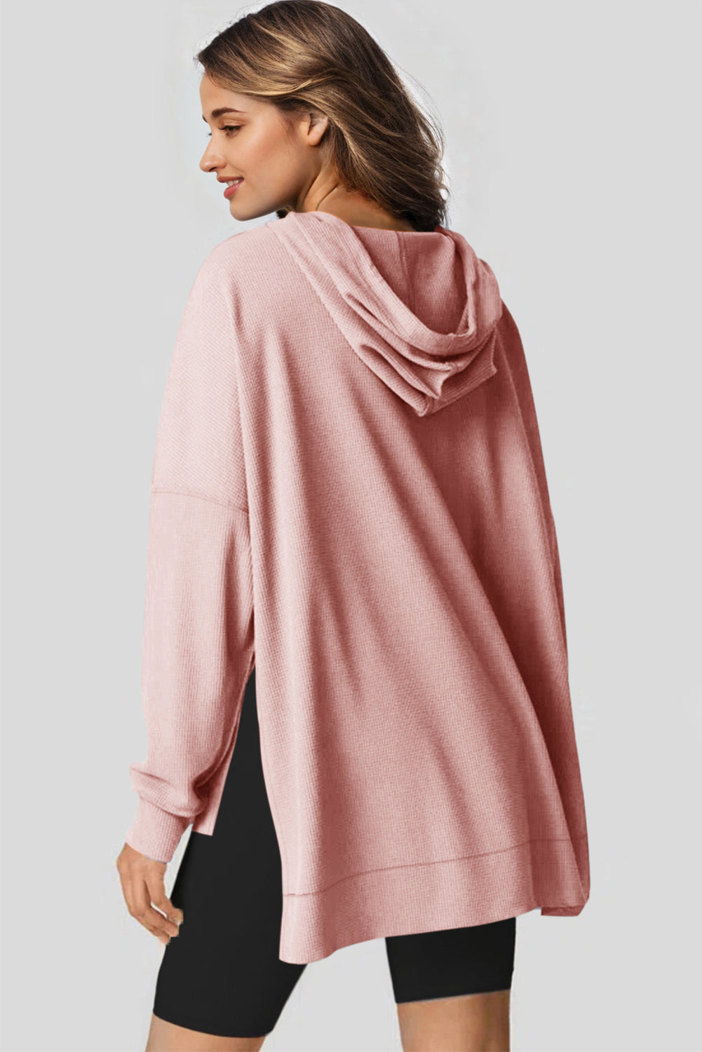 Light Pink Waffle Knit Fleece Lined High Low Oversized Hoodie-Chaelisa's New Jammies