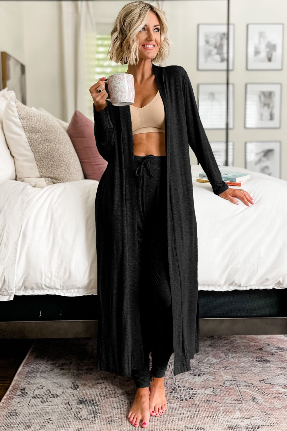 Black Split Long Cardigan and Skinny Pants Lounge Set-Chaelisa's New Jammies