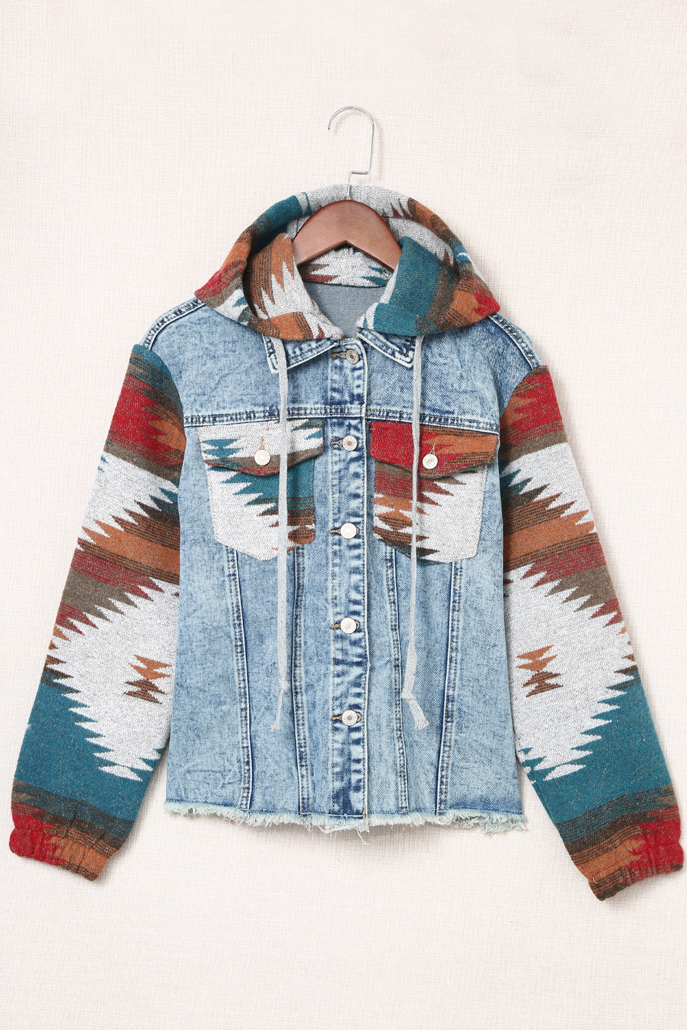 Multicolor Aztec Print Frayed Hem Denim Jacket-Chaelisa's New Jammies