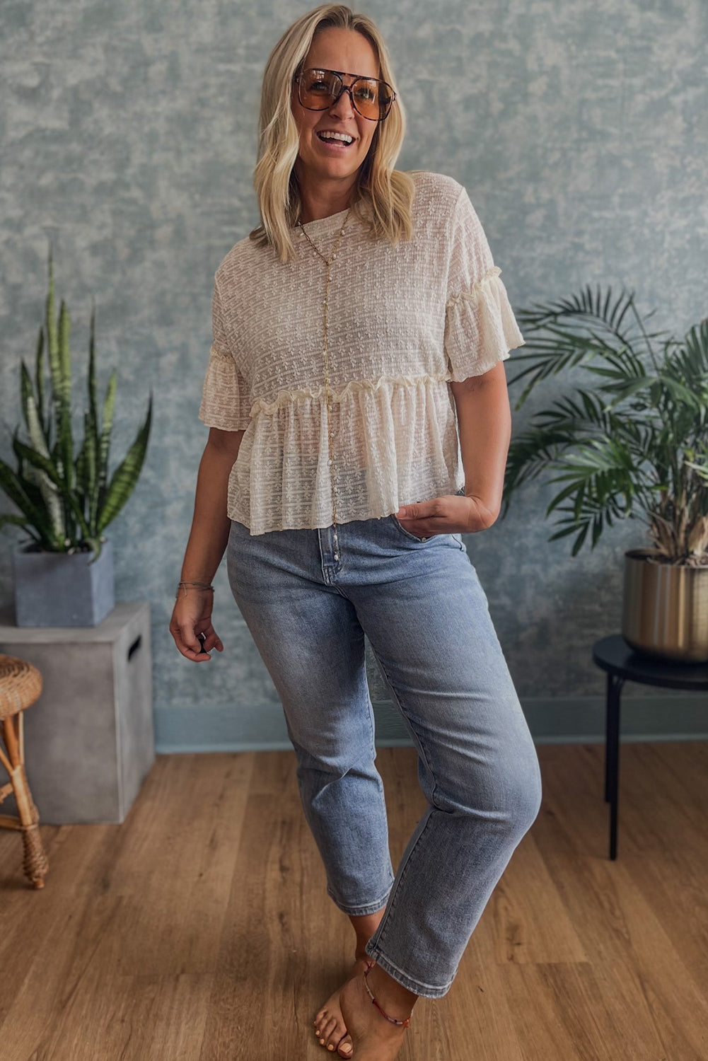 Beige Solid Color Textured Ruffled Short Sleeve Blouse-Chaelisa's New Jammies