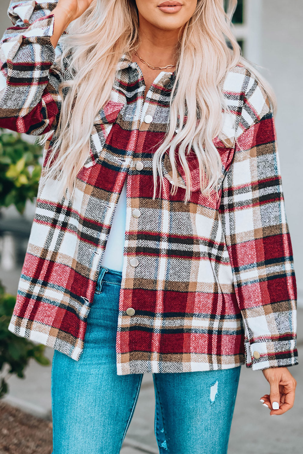 Fiery Red Geometric Plaid Print Pocketed Shacket-Chaelisa's New Jammies