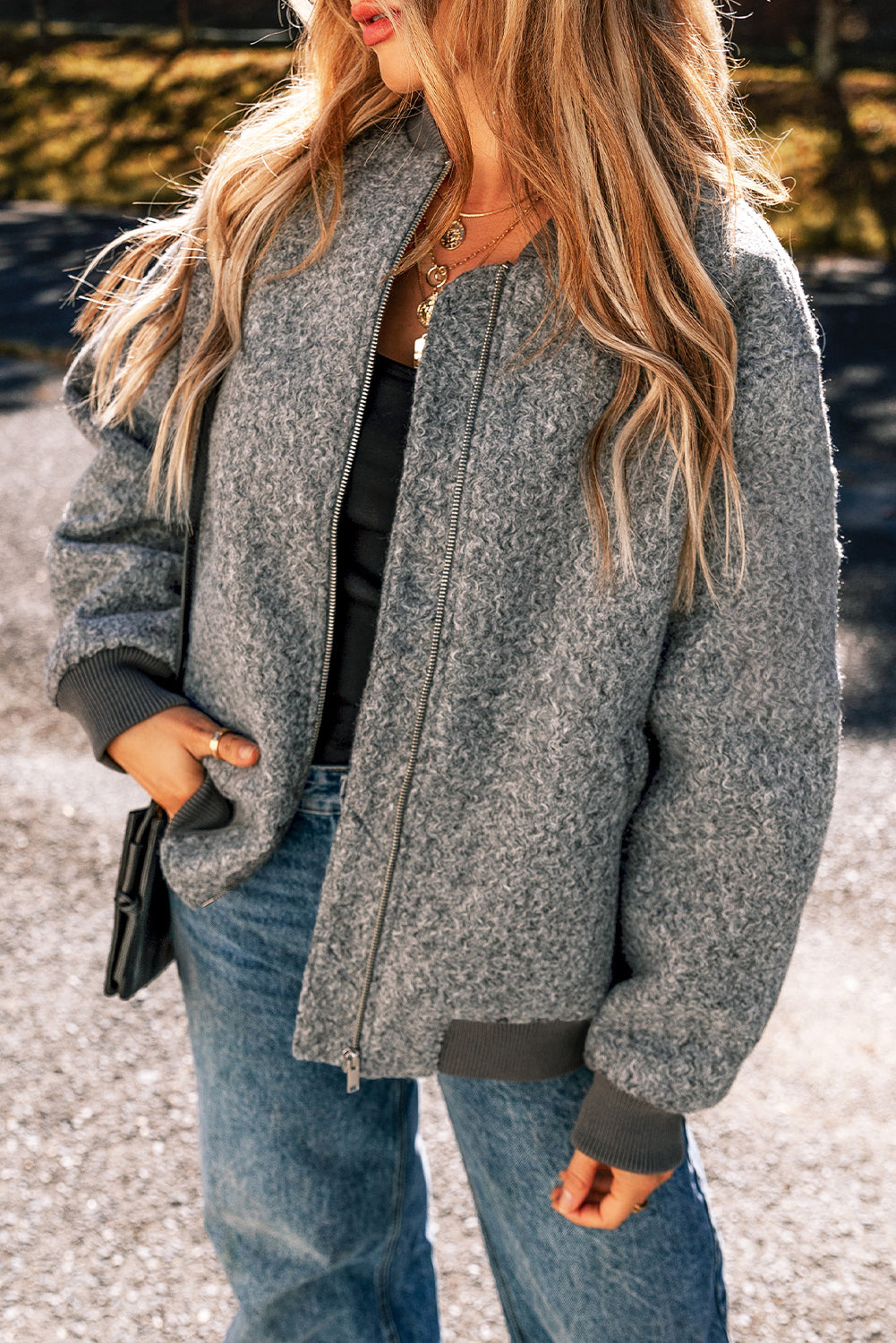 Medium Grey Fuzzy Zip Up Pocketed Sleeve Jacket-Chaelisa's New Jammies
