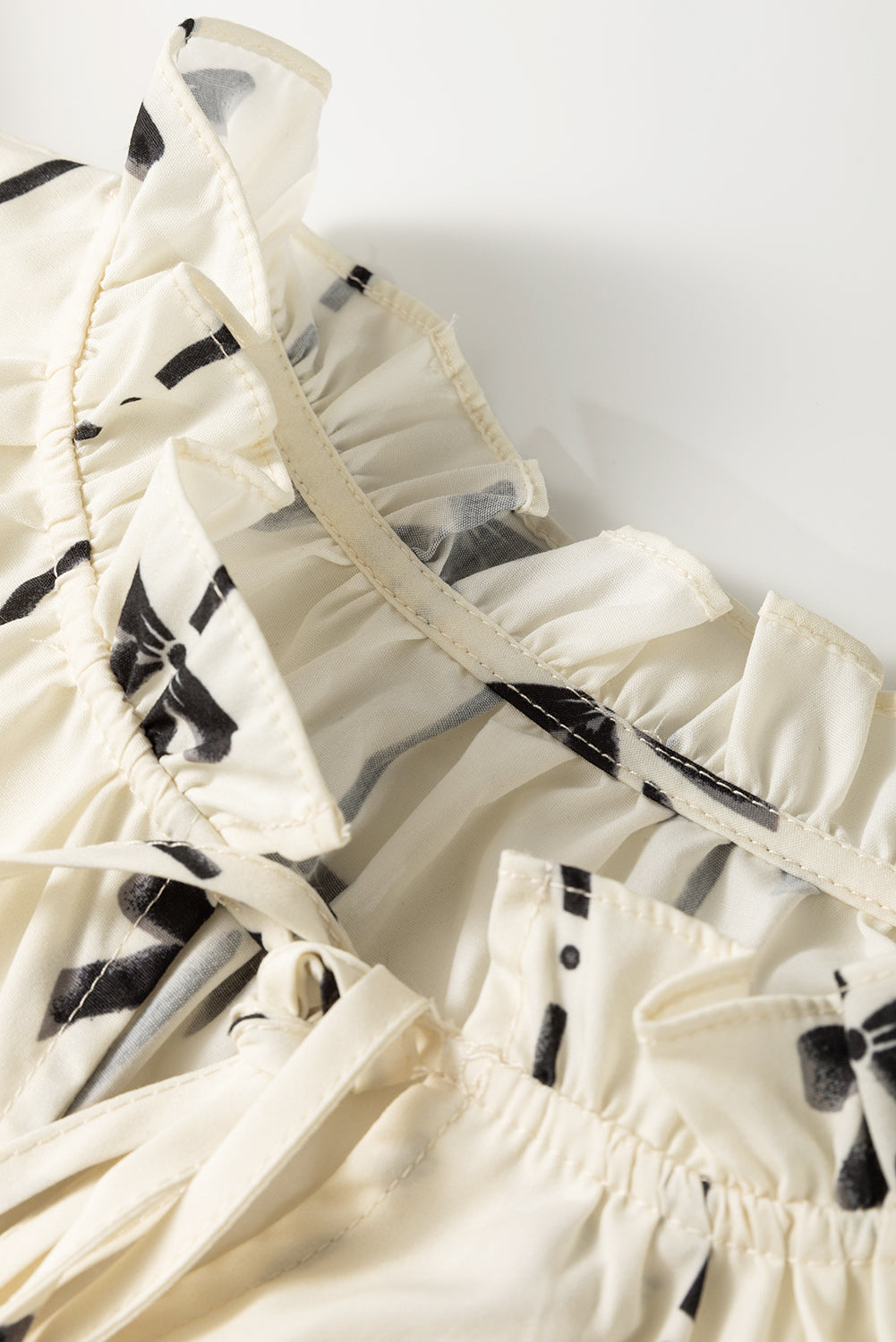 Beige Bow Printed Ruffled Bubble Sleeve Tied Notched V Neck Blouse-Chaelisa's New Jammies