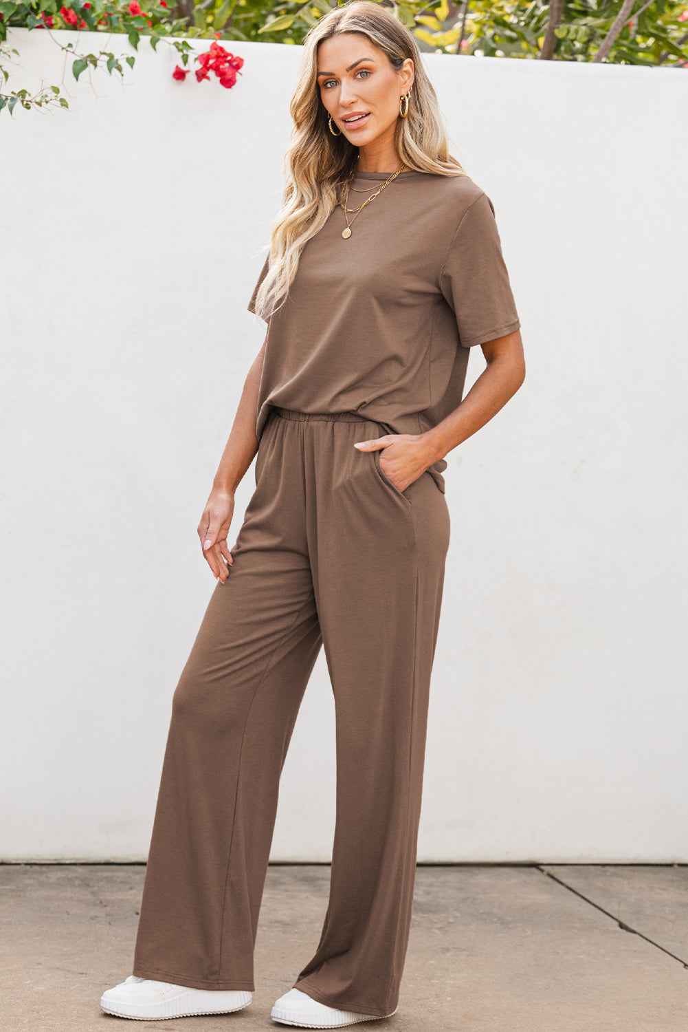 Smoke Gray Solid Color T Shirt 2pcs Wide Leg Pants Set-Chaelisa's New Jammies