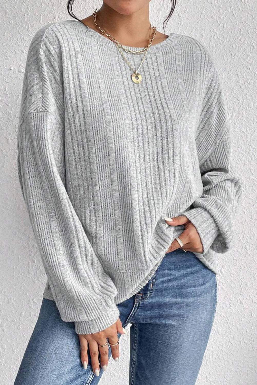 Light Grey Textured Crossover Backless Knit Long Sleeve Top-Chaelisa's New Jammies