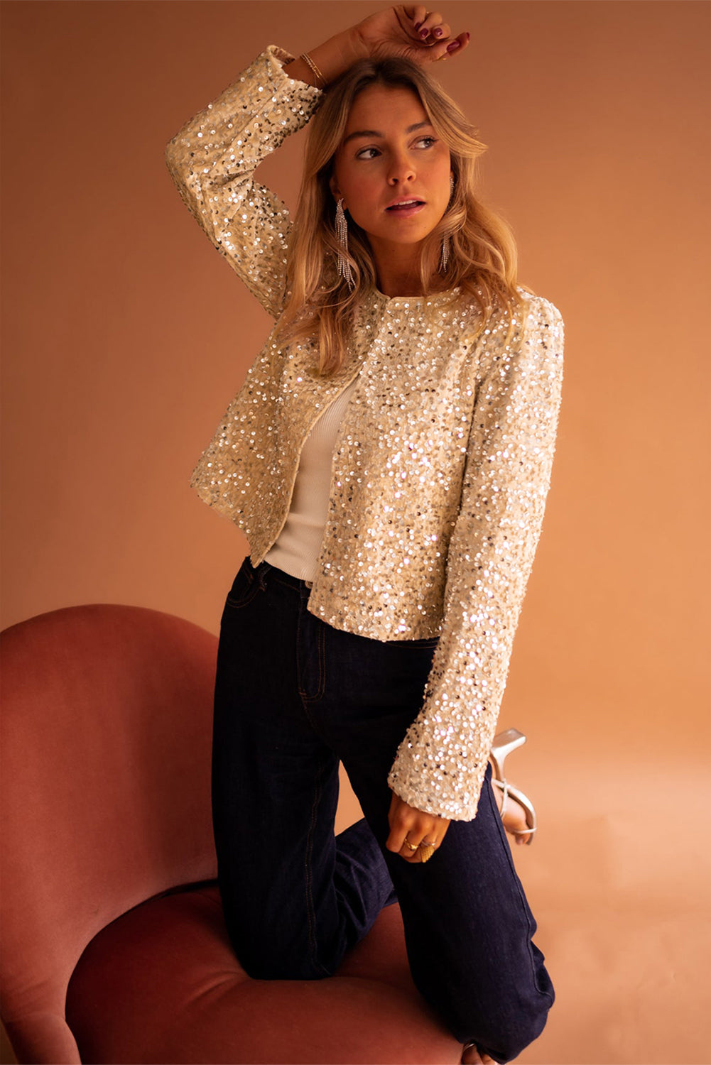 Golden Fleece Sequined Open Front Cropped Jacket-Chaelisa's New Jammies