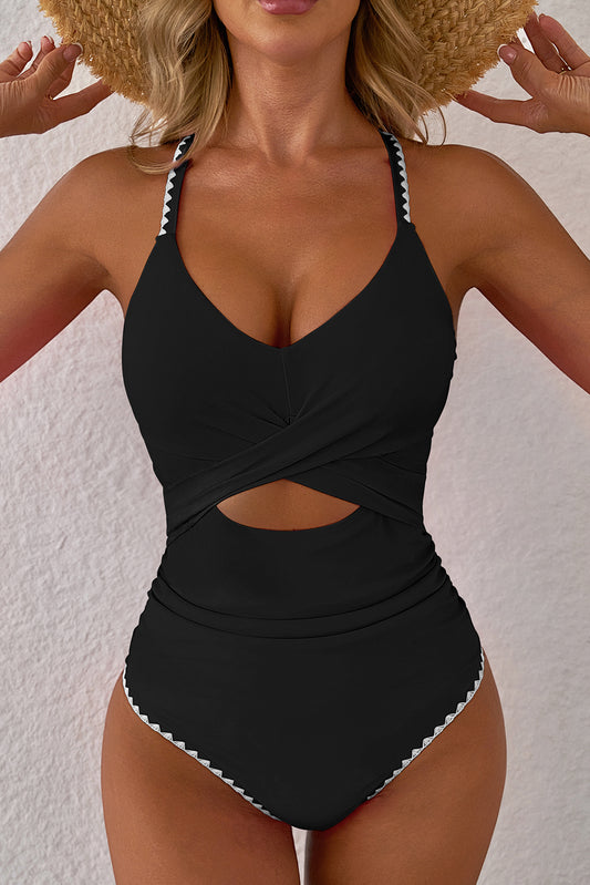 Black Ric Rac Trim Contrasted Patchwork Cutout One Piece Swimsuit-Chaelisa's New Jammies