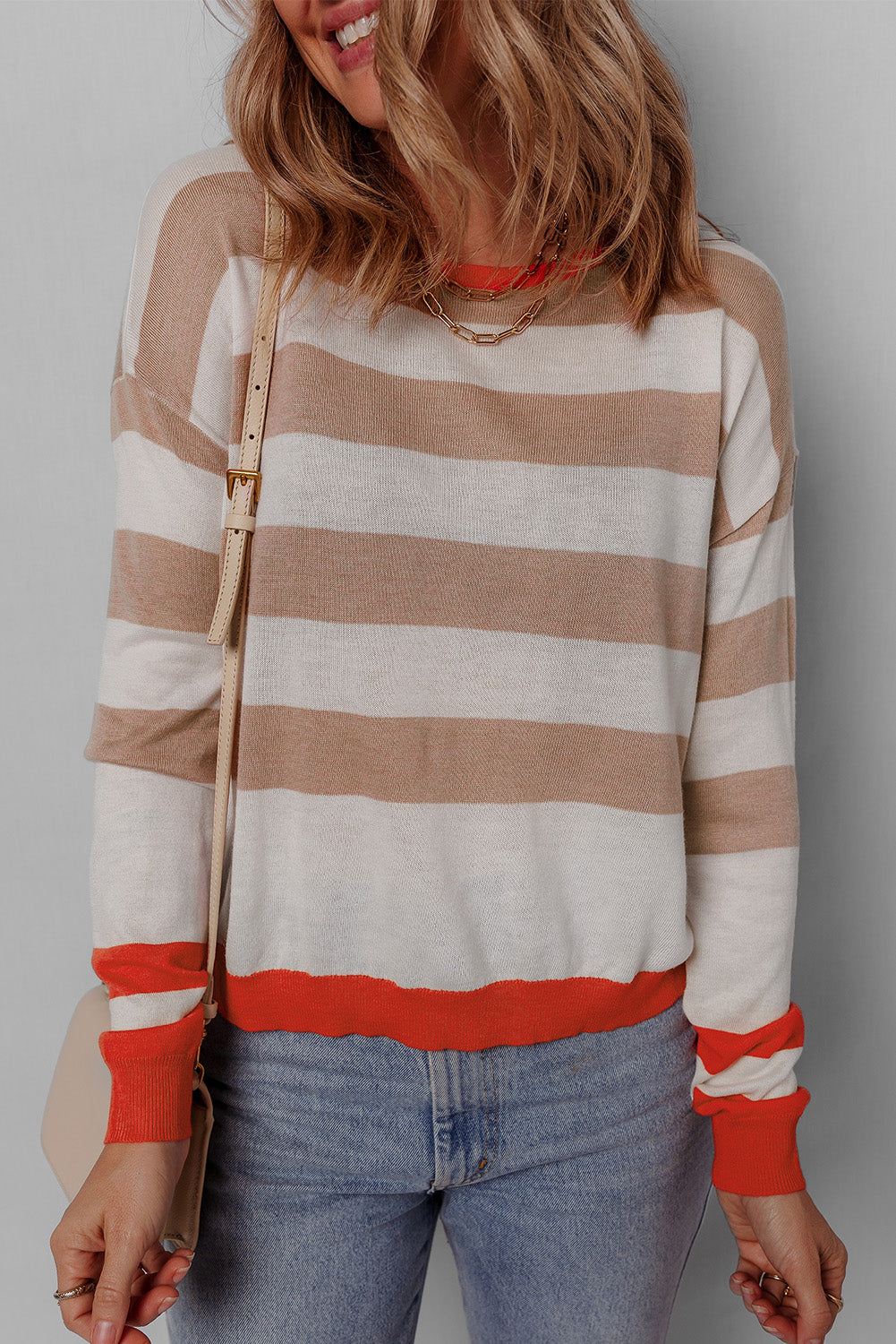 Apricot Colorblock Striped Round Neck Drop Shoulder Sweater-Chaelisa's New Jammies