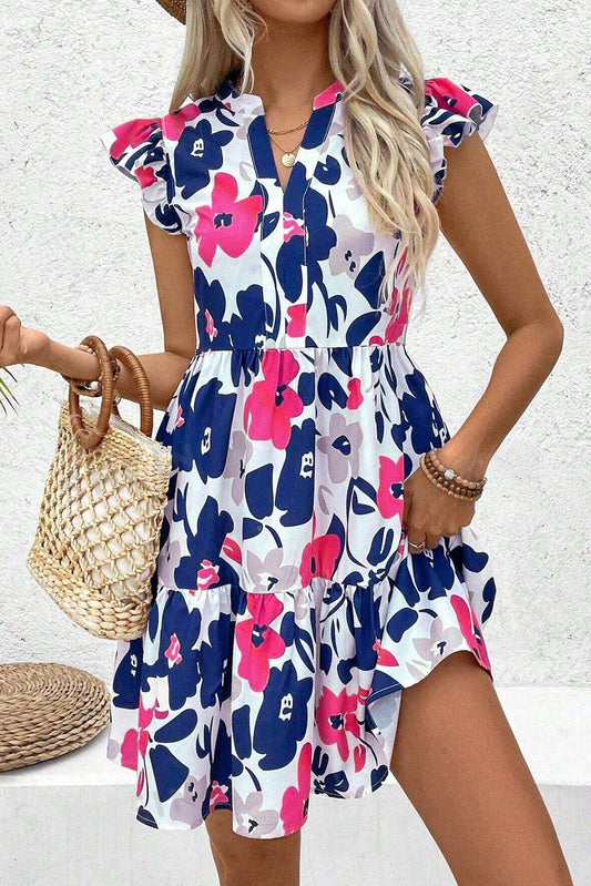 Fashion Floral Print Notched Neck Flutter Sleeve Mini Dress - Chaelisa's New Jammies