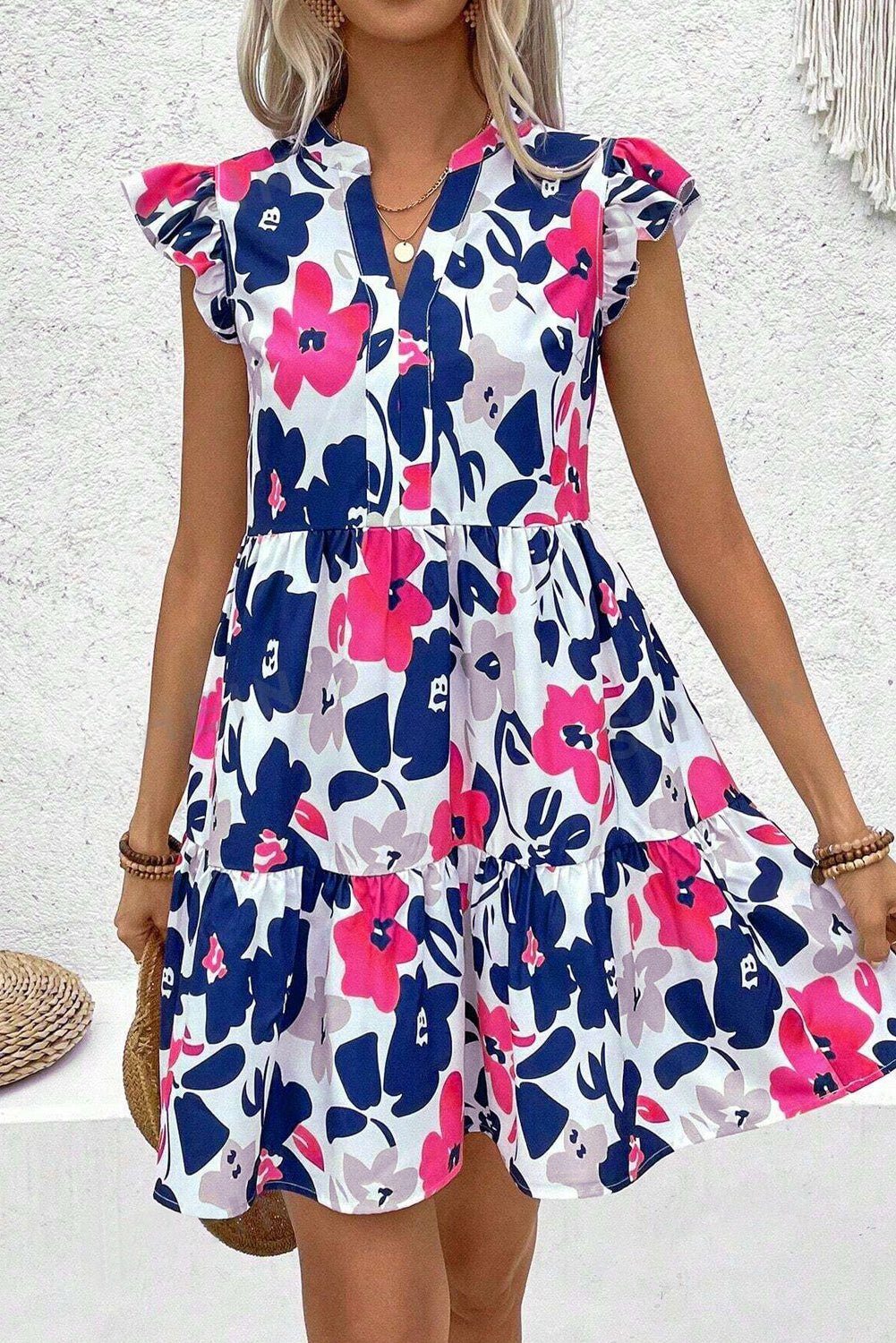 Fashion Floral Print Notched Neck Flutter Sleeve Mini Dress - Chaelisa's New Jammies