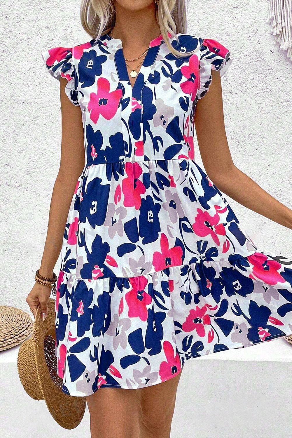 Fashion Floral Print Notched Neck Flutter Sleeve Mini Dress - Chaelisa's New Jammies