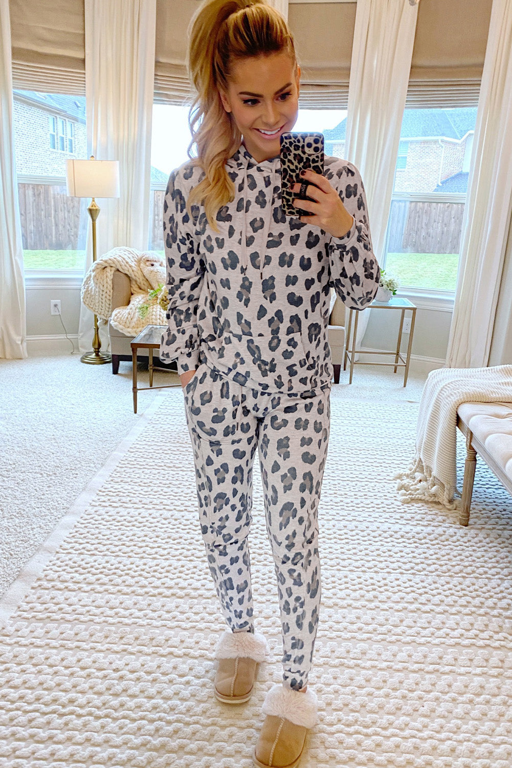 Khaki Leopard Print Drawstring Hoodie and Skinny Pants Pajama Set-Chaelisa's New Jammies