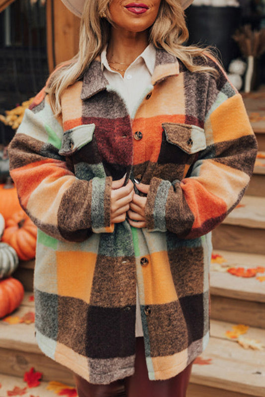 Orange Plaid Print Flap Pocket Long Jacket-Chaelisa's New Jammies