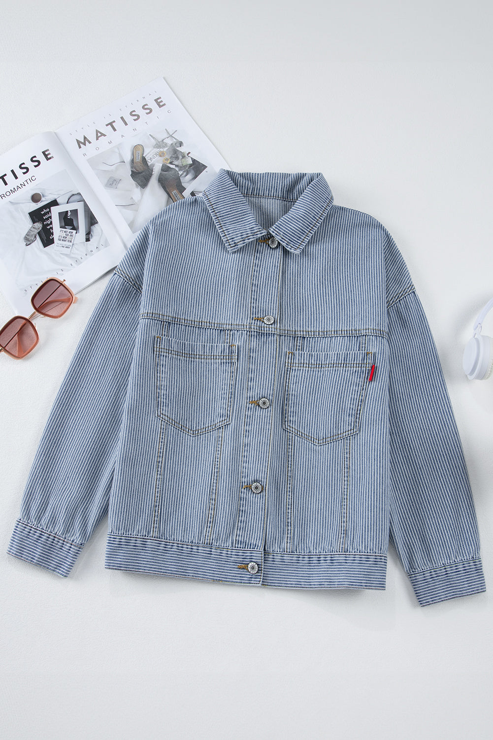 Sky Blue Stripe Washed Oversize Pocketed Denim Jacket-Chaelisa's New Jammies