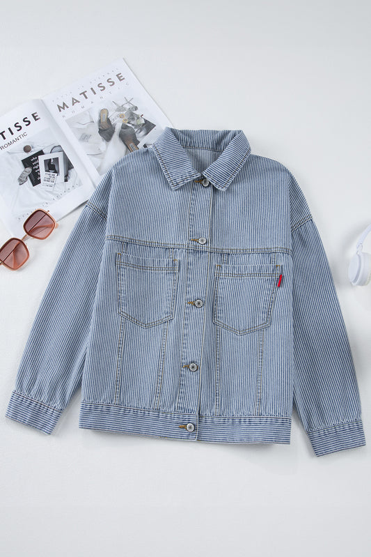 Sky Blue Stripe Washed Oversize Pocketed Denim Jacket-Chaelisa's New Jammies