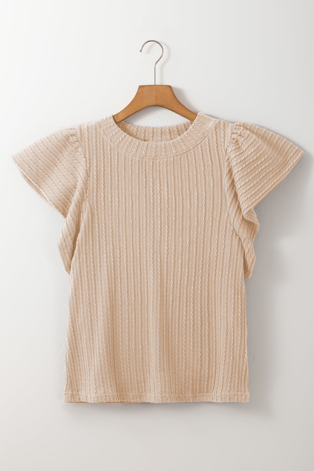 Beige Solid Color Textured Flutter Sleeve Top-Chaelisa's New Jammies