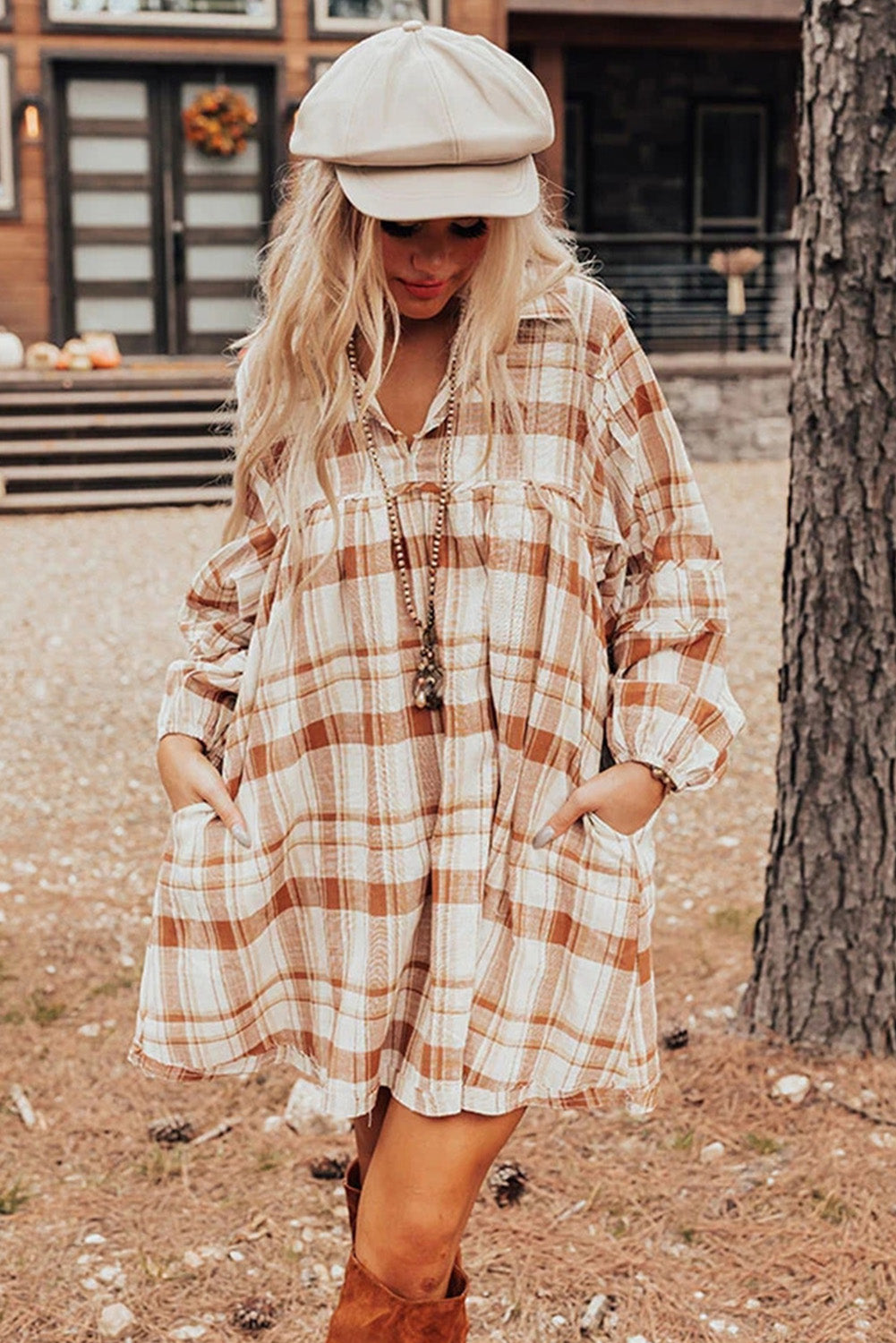 Brown Plaid Print Side Pockets Frilled Babydoll Mini Dress-Chaelisa's New Jammies