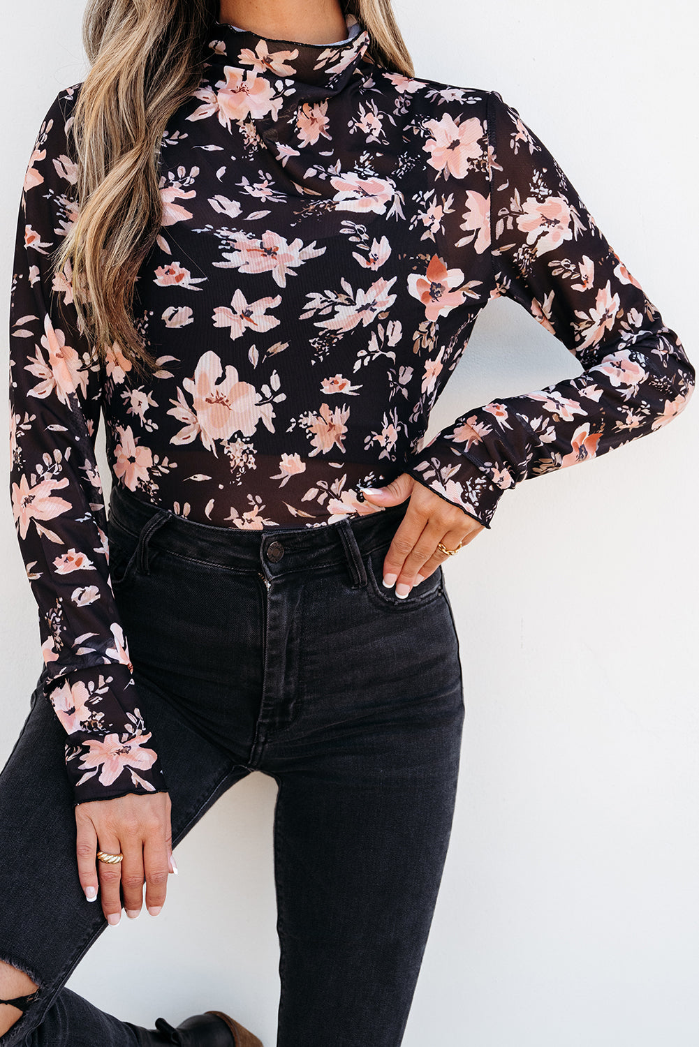 Black Floral Mesh Mock Neck Long Sleeve Slim Fit Top-Chaelisa's New Jammies