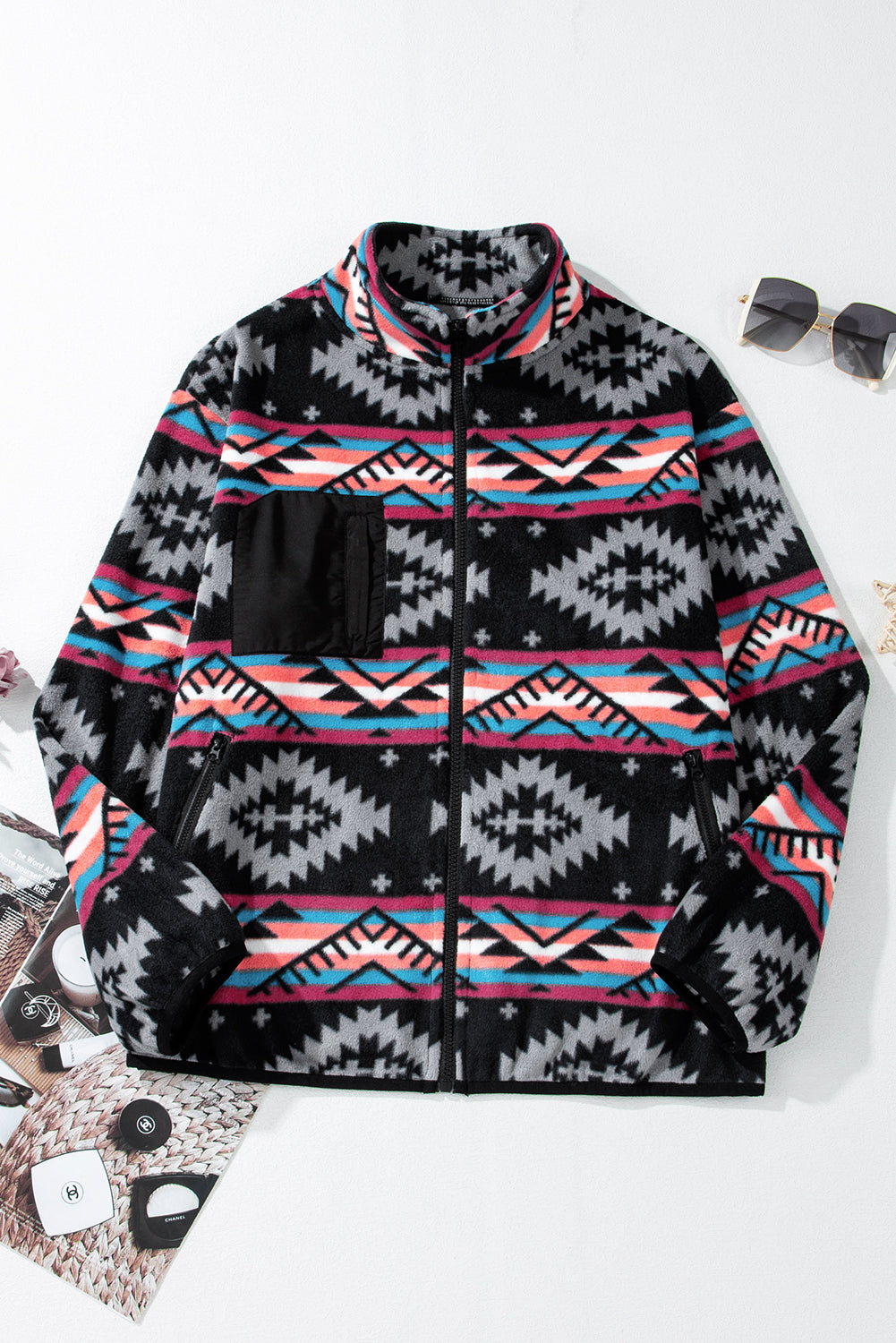 Black Aztec Printed Zip Up Collar Jacket-Chaelisa's New Jammies