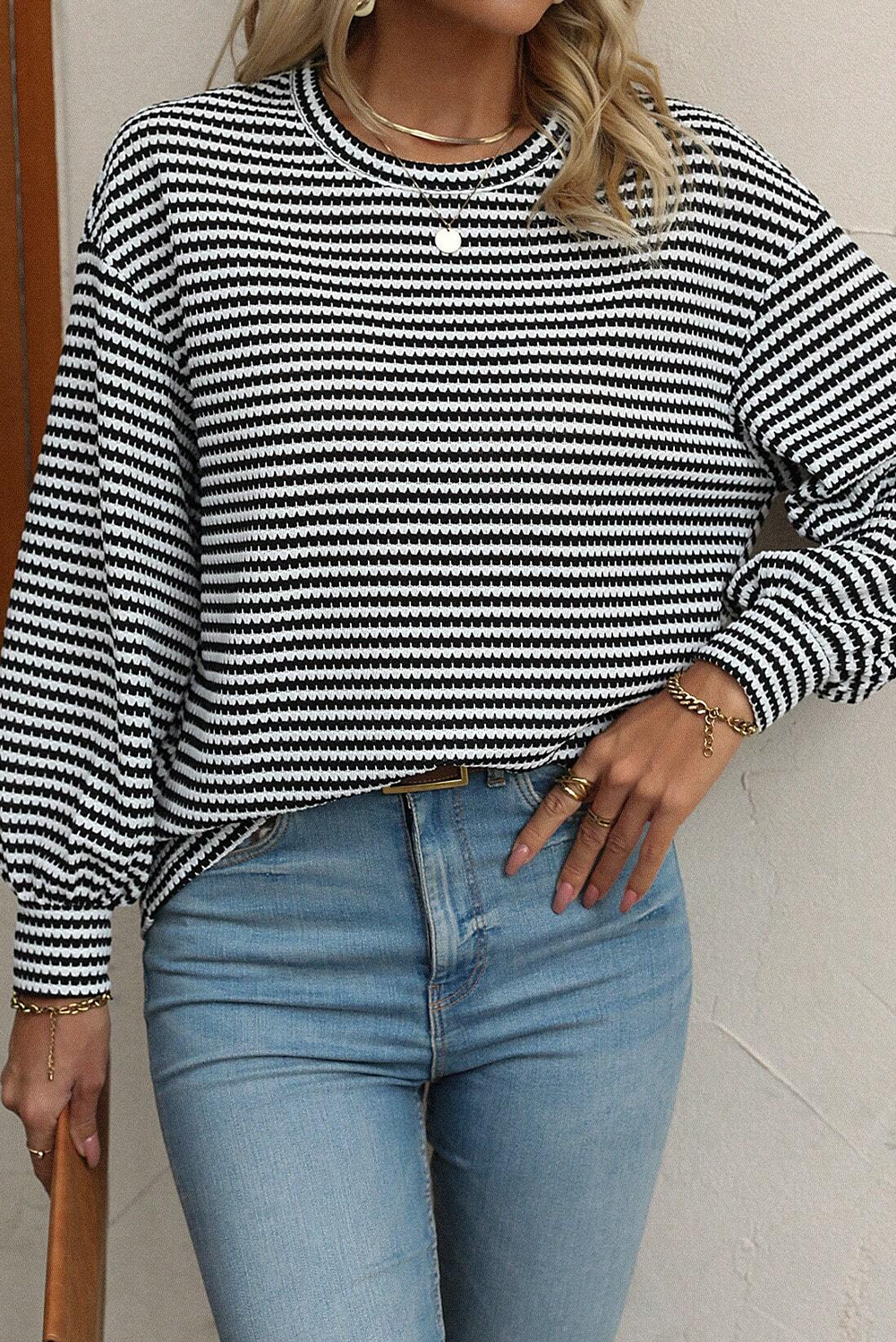 Black Stripe Round Neck Drop Shoulder Long Sleeve Top-Chaelisa's New Jammies