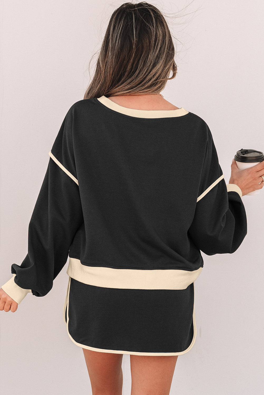 Black Color Contrast Loose Pullover and Lace-up Waist Skort Set-Chaelisa's New Jammies