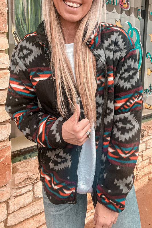 Black Aztec Printed Zip Up Collar Jacket-Chaelisa's New Jammies