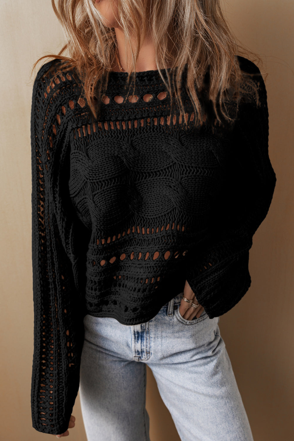 Black Hollow-out Cable Knit Cropped Sweater-Chaelisa's New Jammies