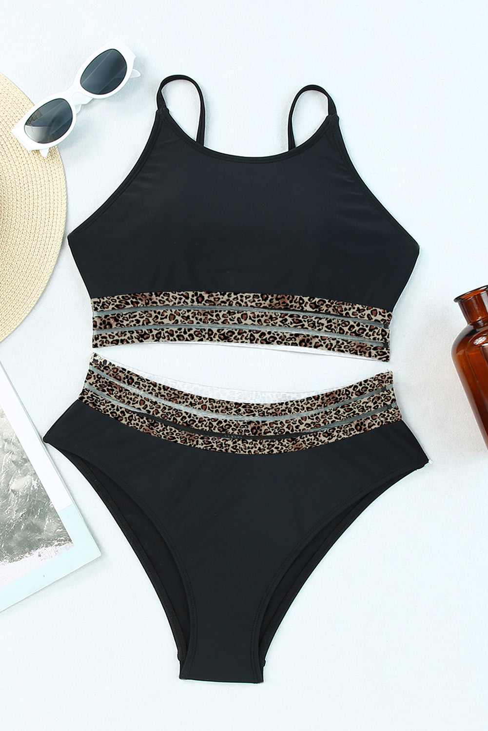 Black Rose Leopard Mesh Trim 2pcs Bikini Swimsuit-Chaelisa's New Jammies