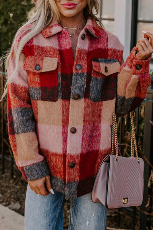 Orange Plaid Print Flap Pockets Buttoned Casual Plus Size Jacket-Chaelisa's New Jammies