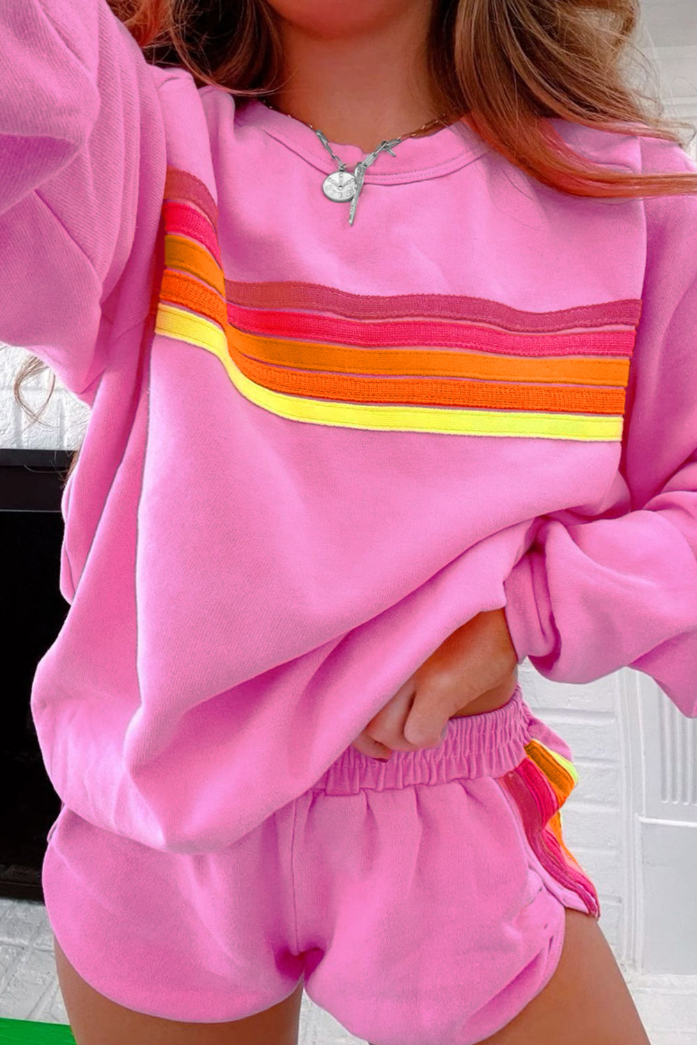 Bonbon Striped Accent Pullover and Shorts Two Piece Casual Set-Chaelisa's New Jammies