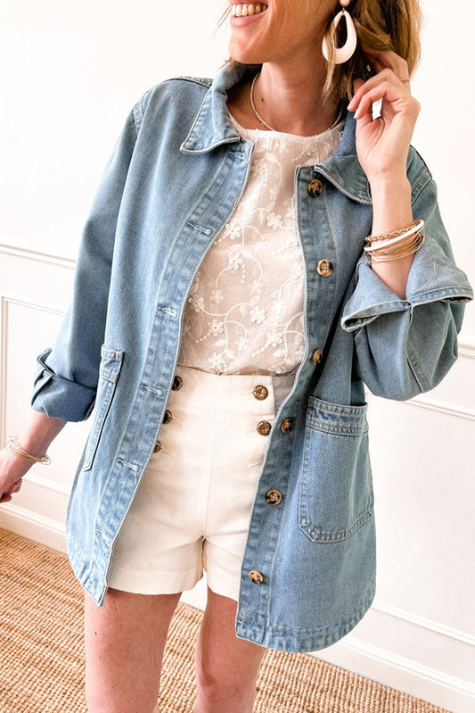 Dusk Blue Slit Buttons Pocketed Denim Jacket-Chaelisa's New Jammies