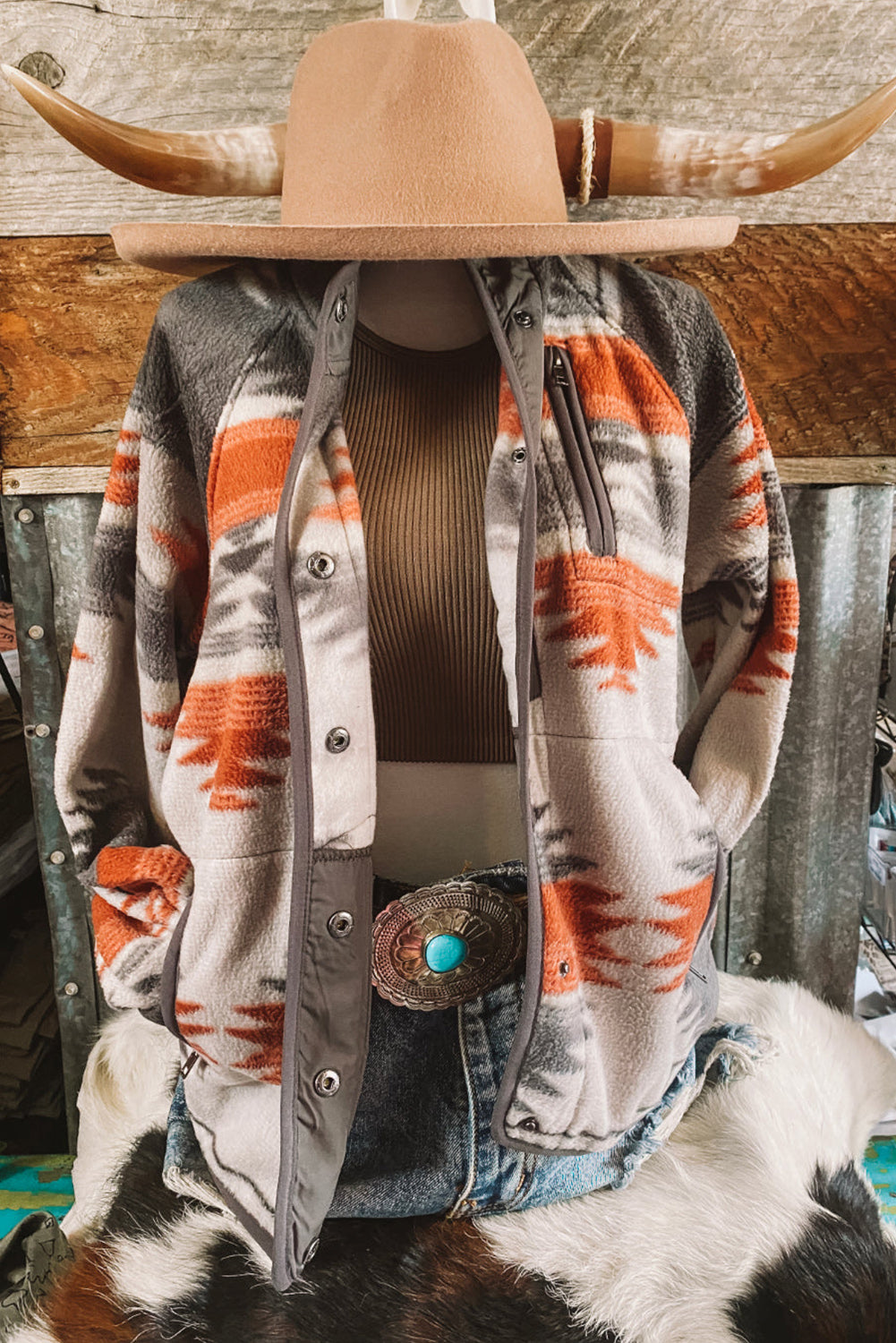 Gray Western Aztec Snap Buttoned Fleece Jacket-Chaelisa's New Jammies