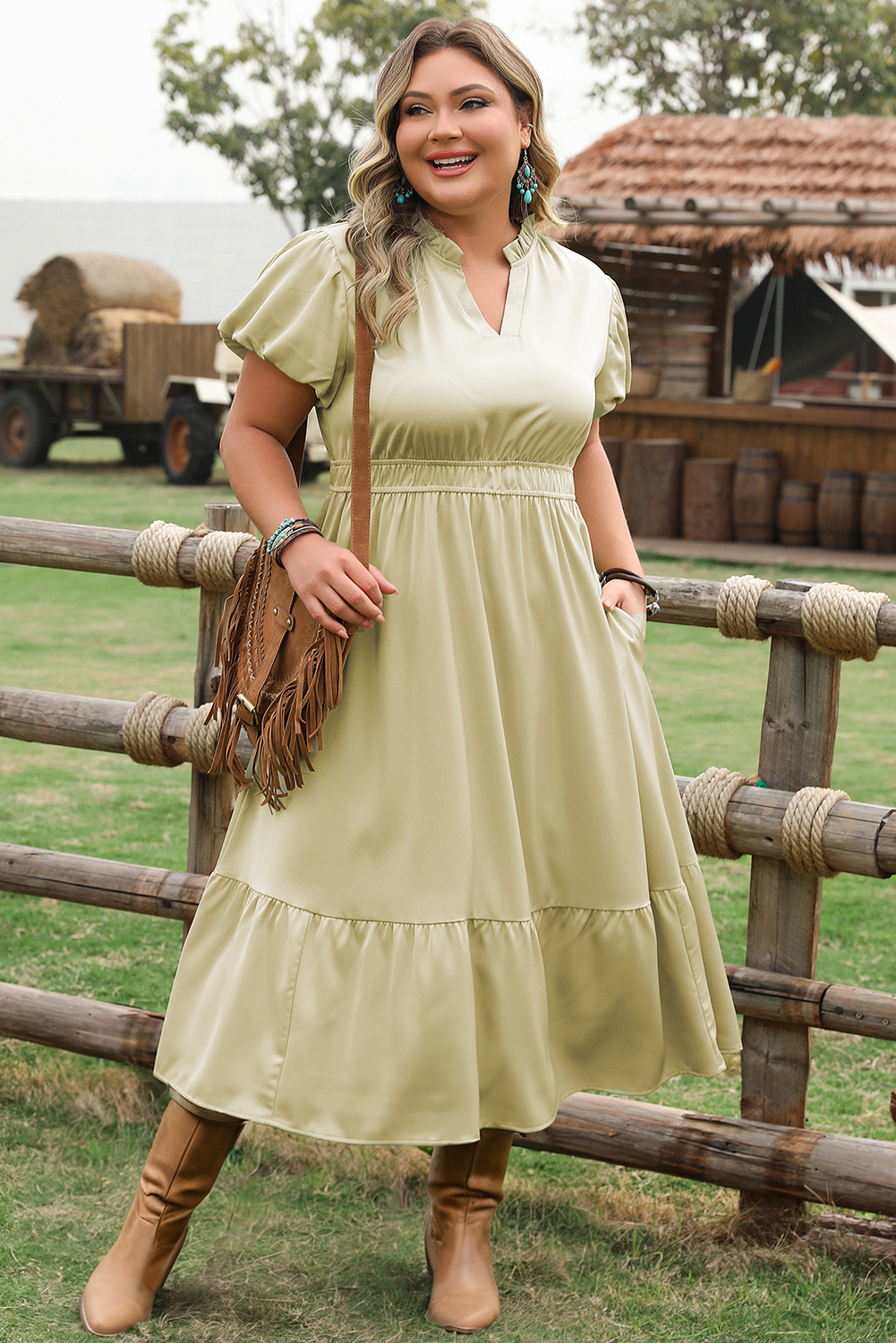 Laurel Green Notched V Neck Puff Sleeve Tiered Plus Size Maxi Dress-Chaelisa's New Jammies