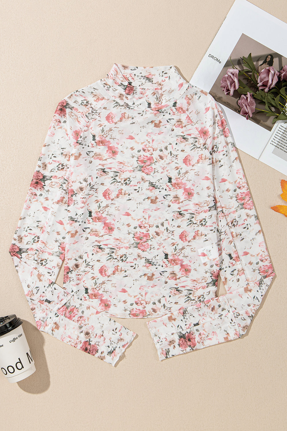 Pink Floral Long Sleeve High Neck Sheath Mesh Blouse-Chaelisa's New Jammies