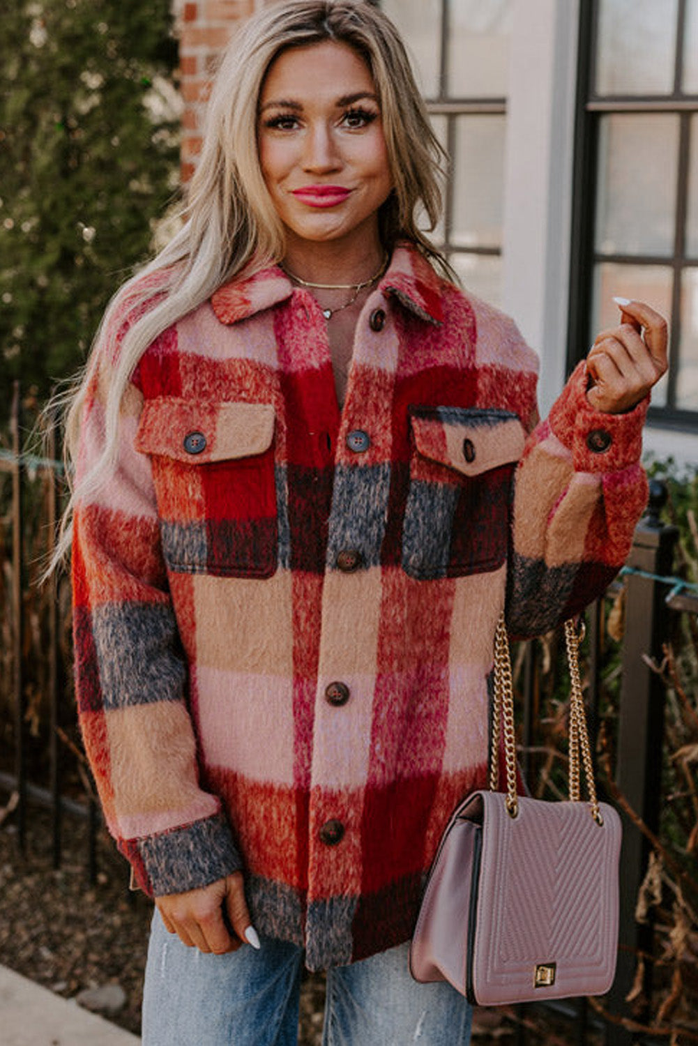 Orange Plaid Print Flap Pockets Buttoned Casual Plus Size Jacket-Chaelisa's New Jammies