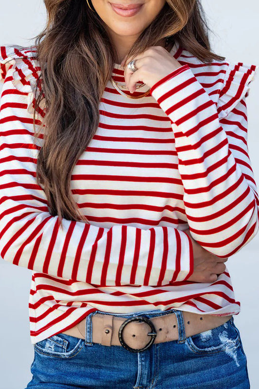 Red Stripe Round Neck Ruffle Trim Long Sleeve Top