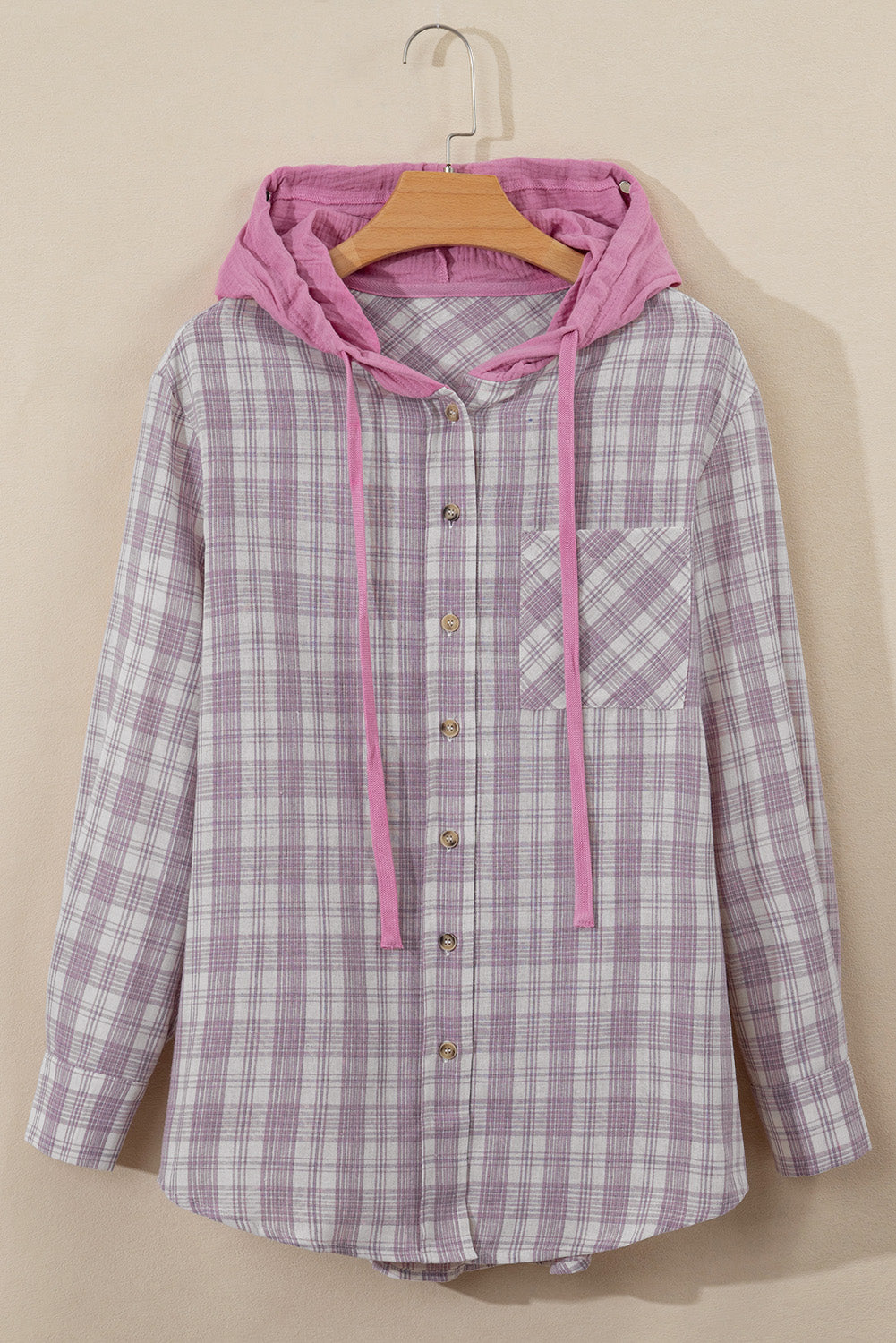 Pink Checkered Print Loose Fit Buttoned Hooded Shacket-Chaelisa's New Jammies