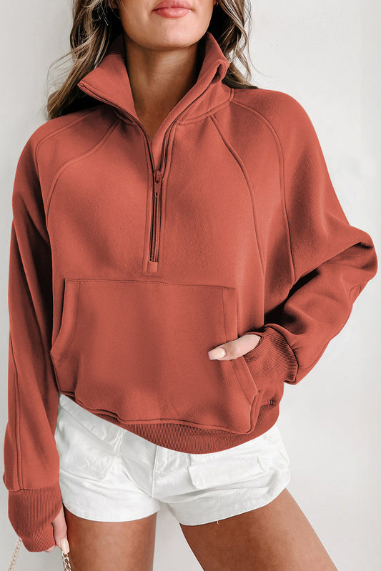 Gray Zip Up Stand Collar Ribbed Thumbhole Sleeve Sweatshirt-Chaelisa's New Jammies