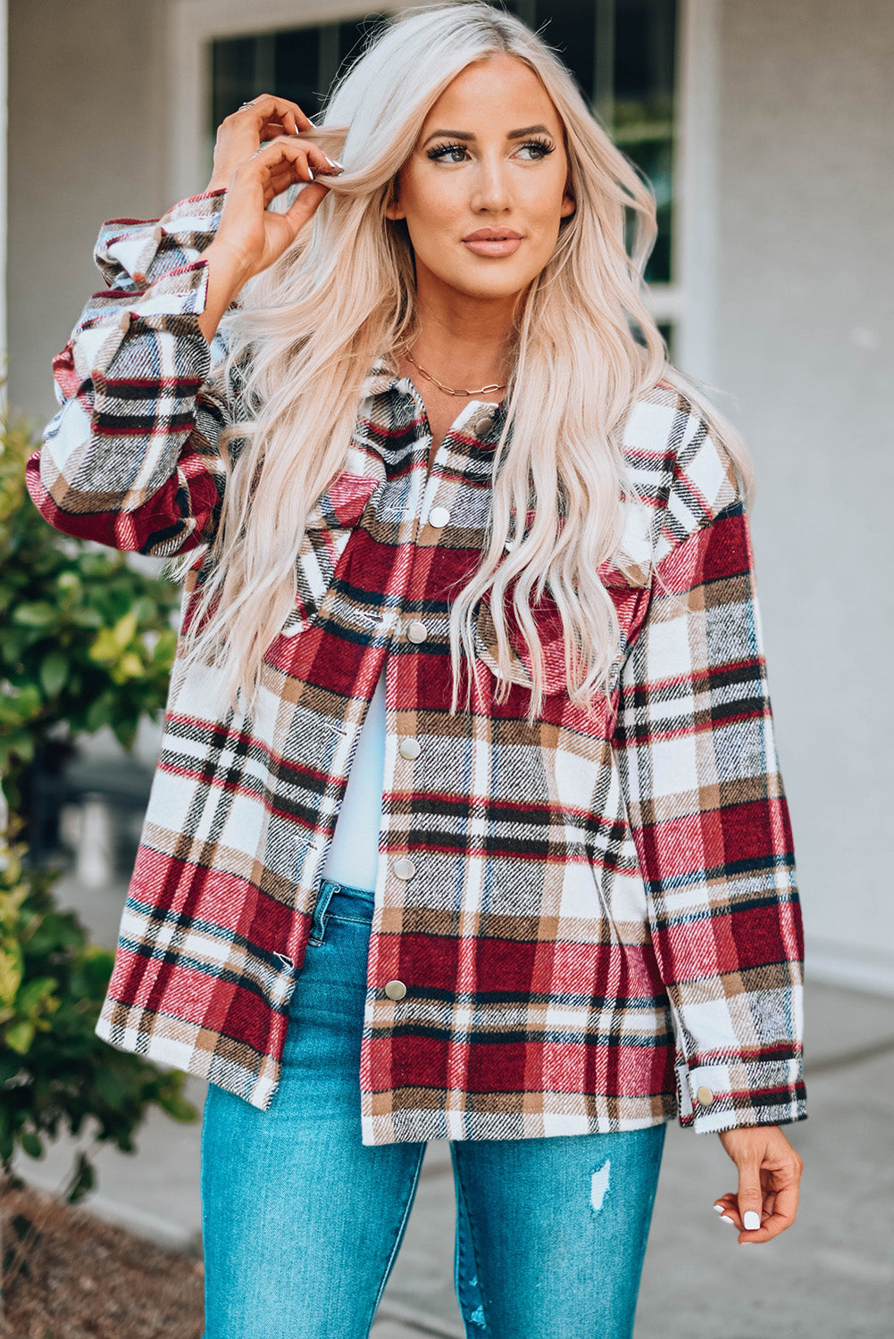 Fiery Red Geometric Plaid Print Pocketed Shacket-Chaelisa's New Jammies