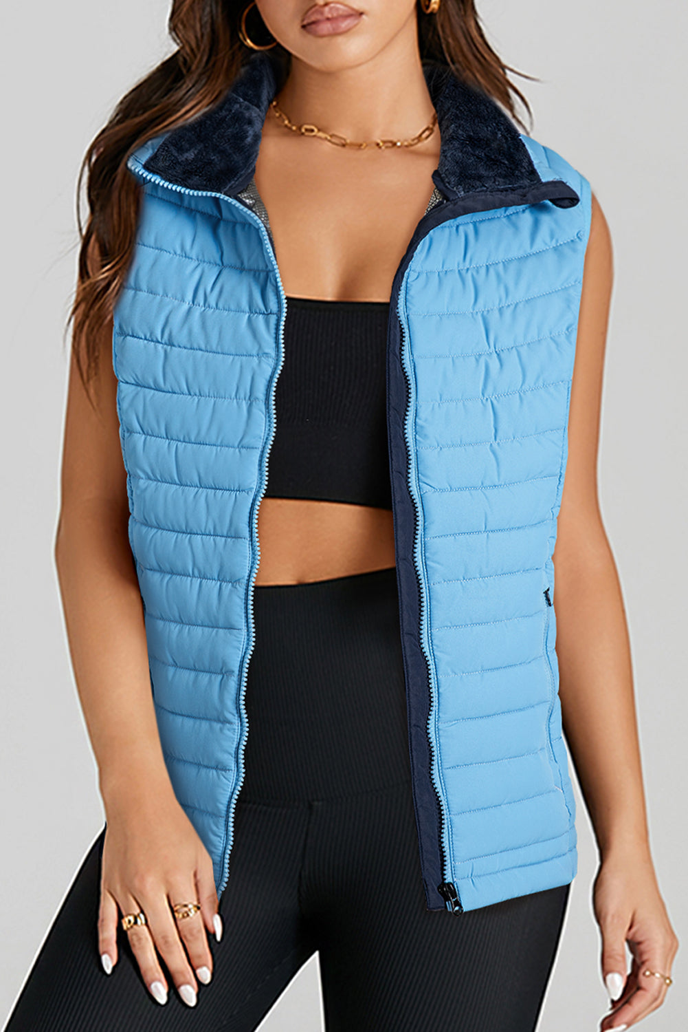 Sky Blue Plush Collared Quilted Zipped Puffer Vest-Chaelisa's New Jammies