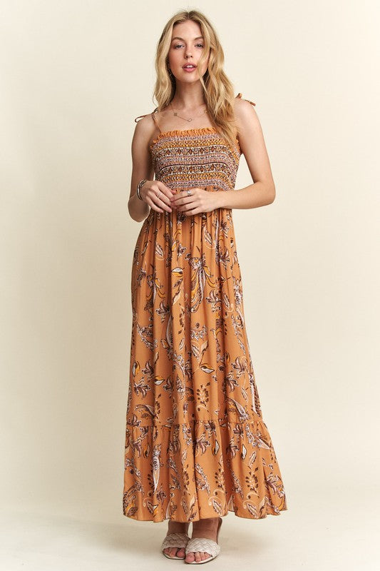 ADORA Smocked Printed Square Neck Tie Shoulder Cami Dress-Chaelisa's New Jammies