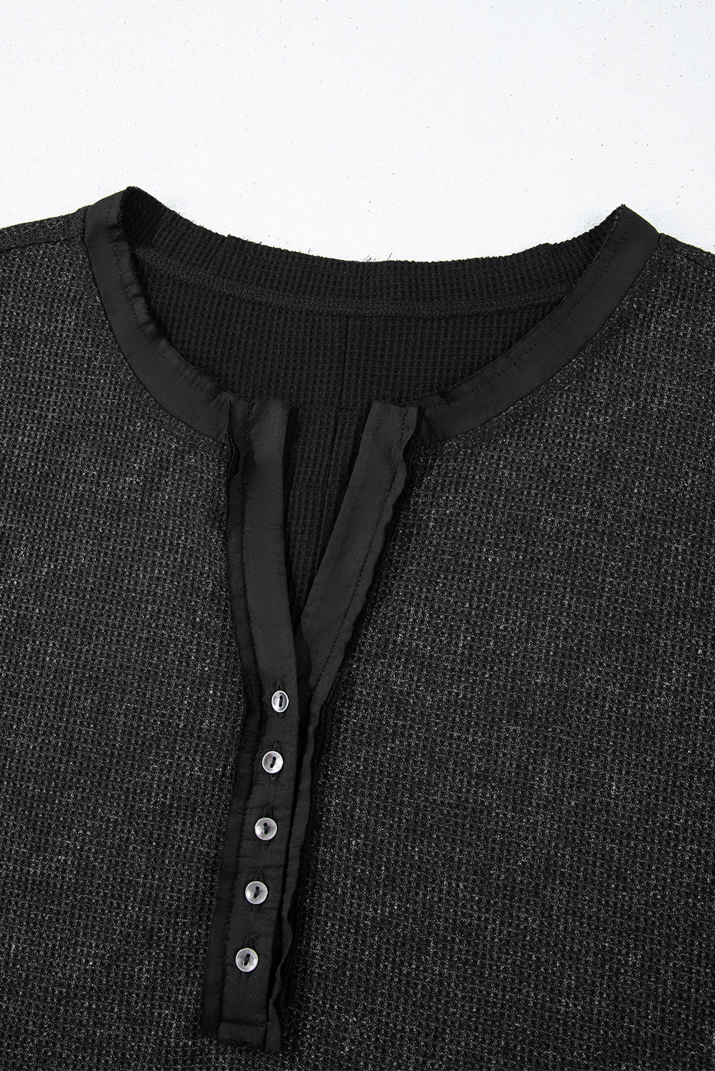 Black Acid Wash Waffle Knit Buttoned Neckline Long Sleeve Top-Chaelisa's New Jammies