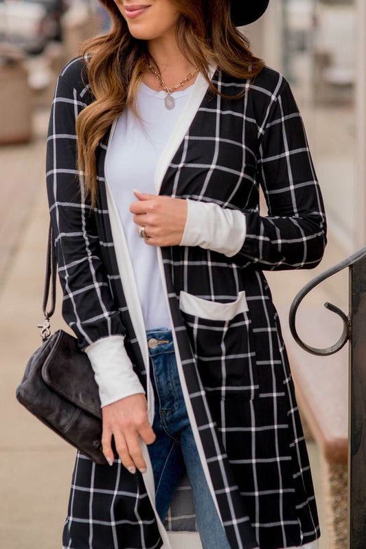 Black Plaid Colorblock Edge Open Cardigan with Pocket-Chaelisa's New Jammies