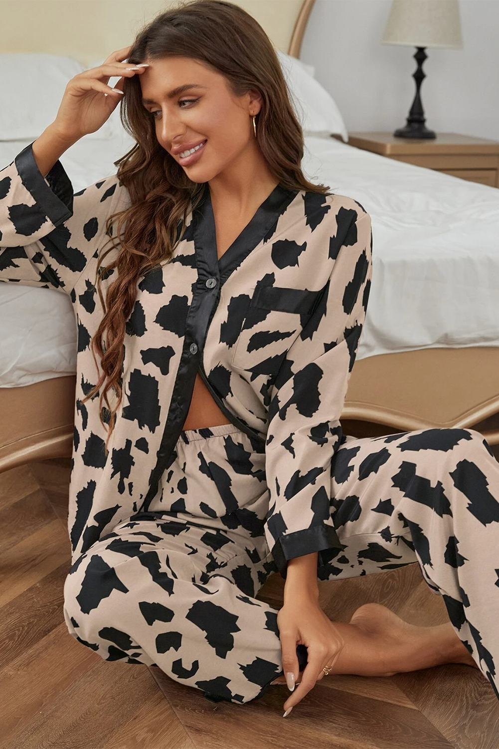 Khaki Cheetah Contrast Trim Loose Fit Two Piece Sleepwear-Chaelisa's New Jammies