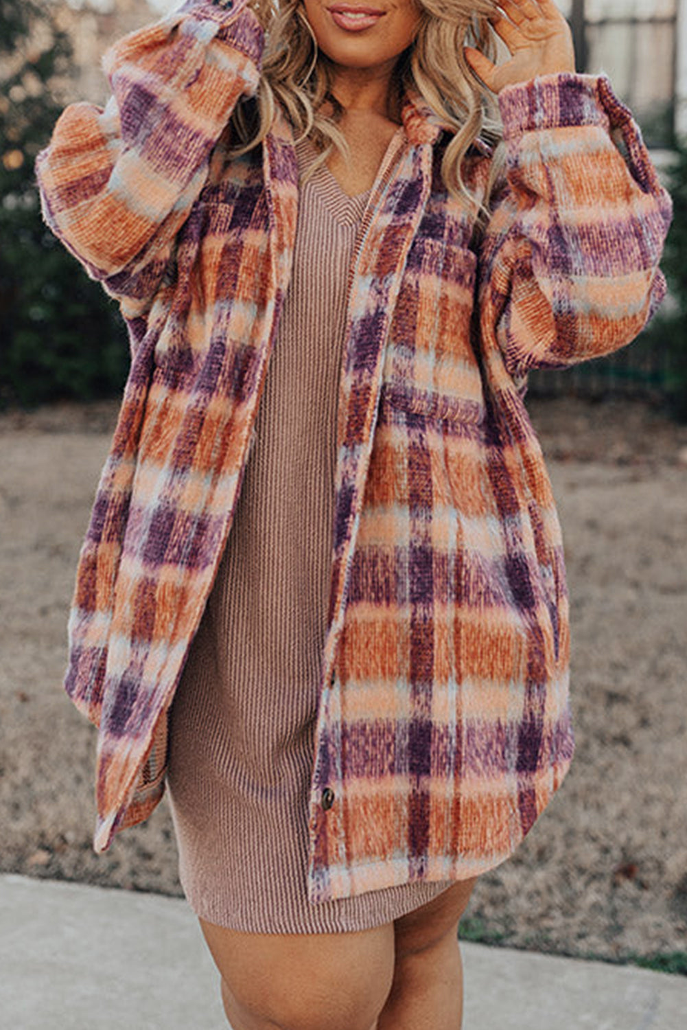 Multicolour Plus Size Plaid Print Collared Button up Jacket-Chaelisa's New Jammies