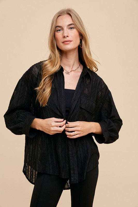 Annie Wear Openwork Button Down Drop Shoulder Shirt-Chaelisa's New Jammies