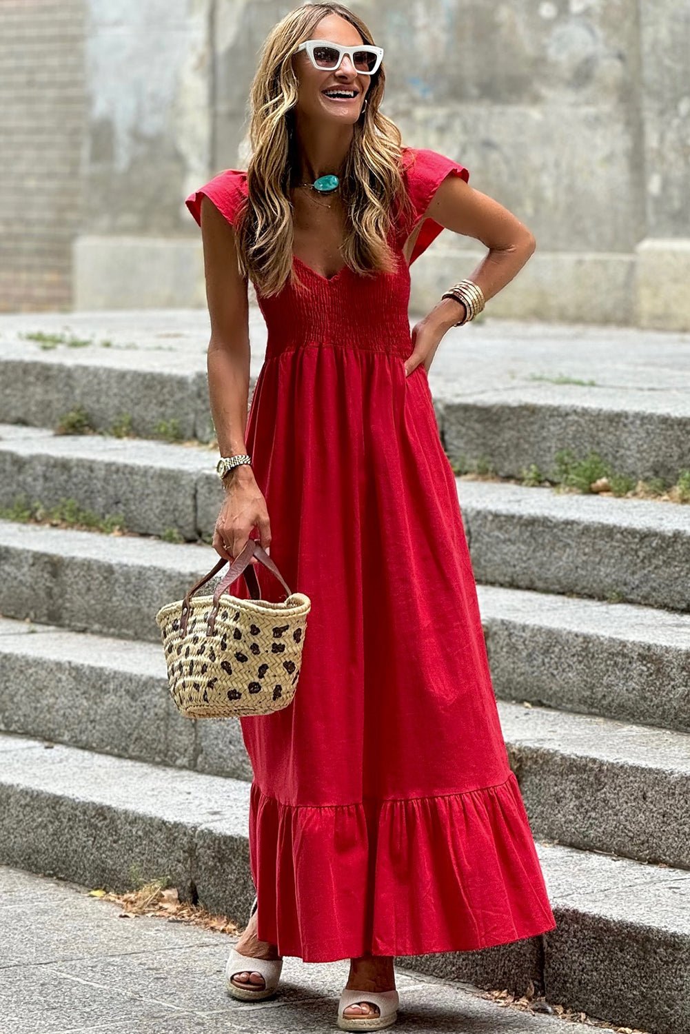 Fiery Red V Neck Flutter Sleeve Smocked Bodice High Waist Ruffle Maxi Dress - Chaelisa's New Jammies