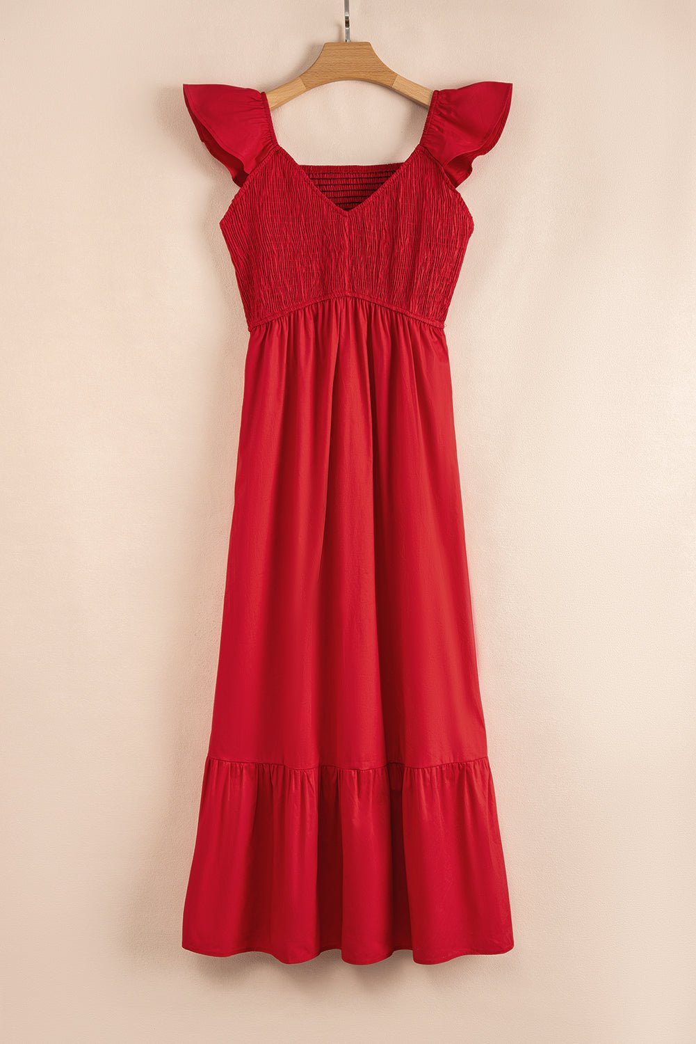 Fiery Red V Neck Flutter Sleeve Smocked Bodice High Waist Ruffle Maxi Dress - Chaelisa's New Jammies
