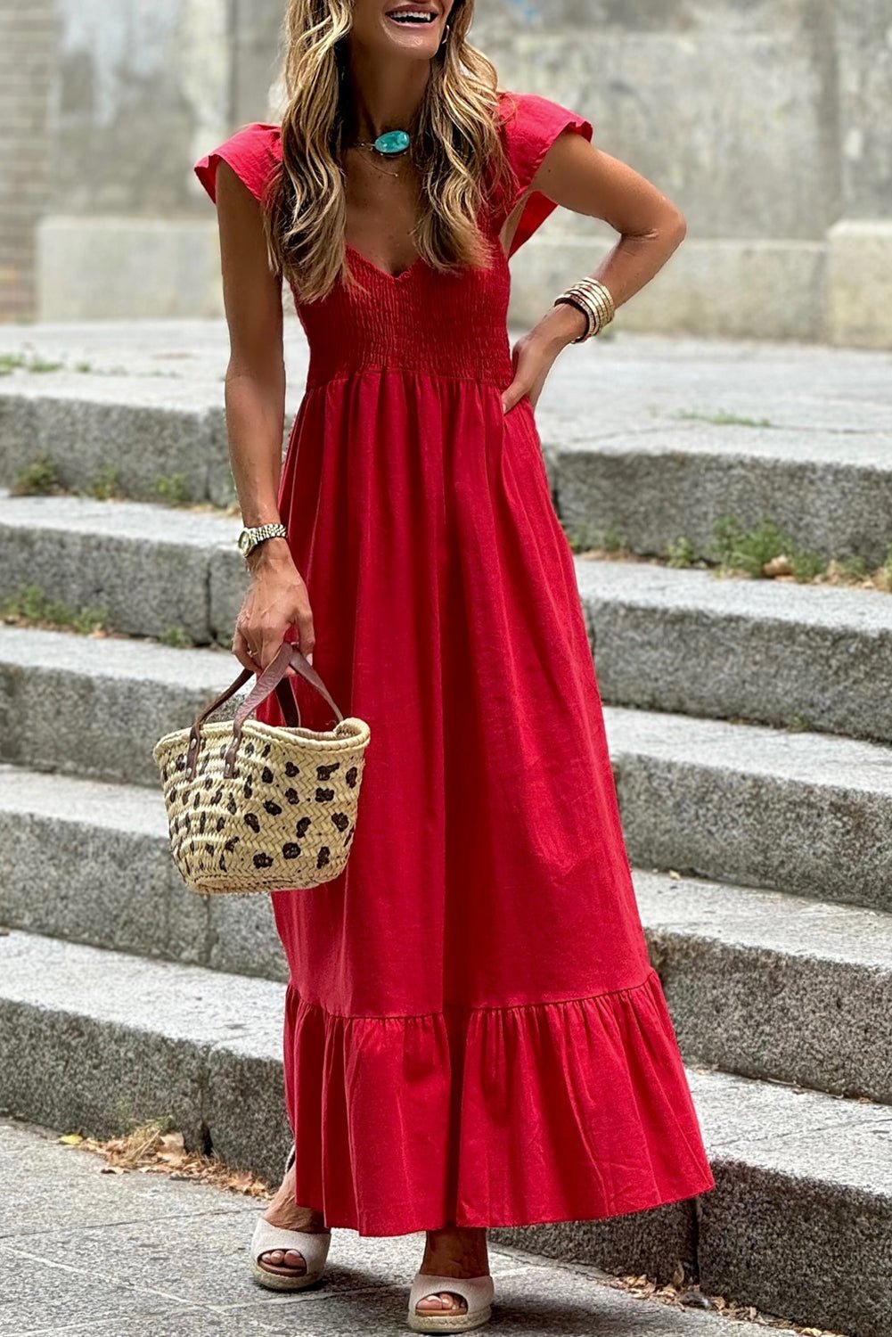 Fiery Red V Neck Flutter Sleeve Smocked Bodice High Waist Ruffle Maxi Dress - Chaelisa's New Jammies