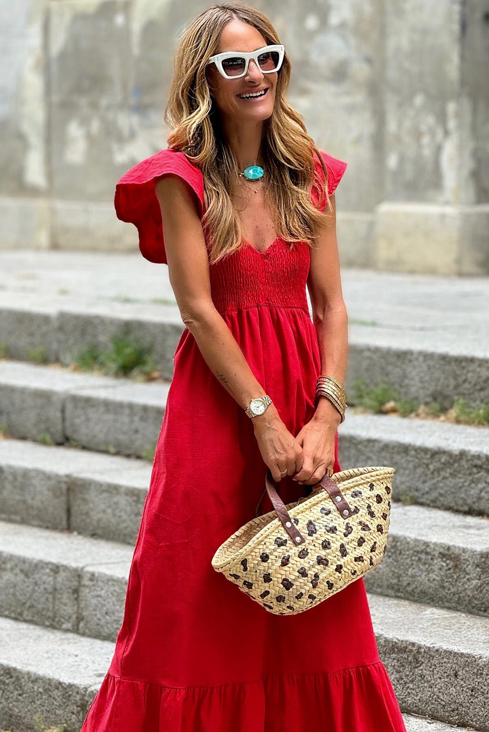 Fiery Red V Neck Flutter Sleeve Smocked Bodice High Waist Ruffle Maxi Dress - Chaelisa's New Jammies